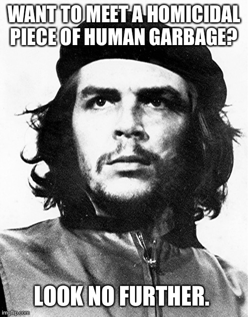 Che Guevara | WANT TO MEET A HOMICIDAL PIECE OF HUMAN GARBAGE? LOOK NO FURTHER. | image tagged in che guevara | made w/ Imgflip meme maker