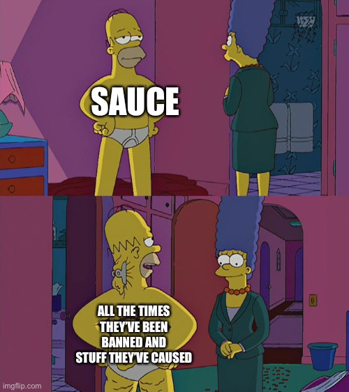 Ok last post | SAUCE; ALL THE TIMES THEY’VE BEEN BANNED AND STUFF THEY’VE CAUSED | image tagged in homer simpson's back fat | made w/ Imgflip meme maker