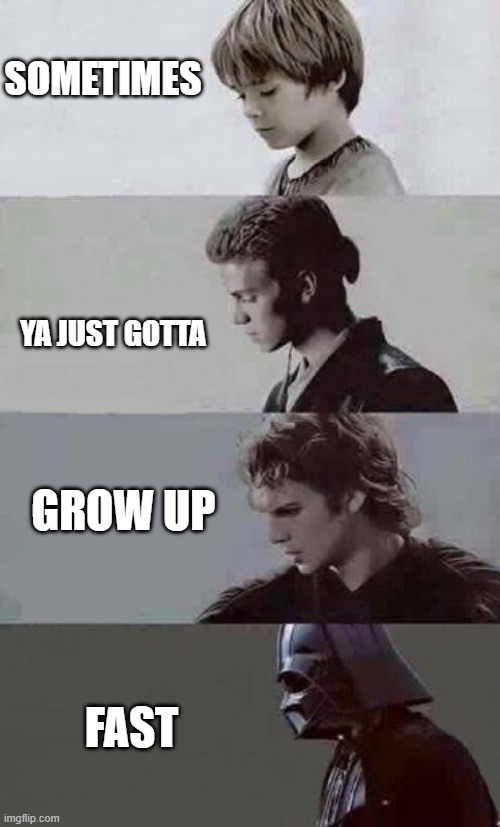 Anakin 4 phases | SOMETIMES YA JUST GOTTA GROW UP FAST | image tagged in anakin 4 phases | made w/ Imgflip meme maker