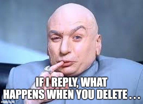 dr evil pinky | IF I REPLY, WHAT HAPPENS WHEN YOU DELETE . . . | image tagged in dr evil pinky | made w/ Imgflip meme maker