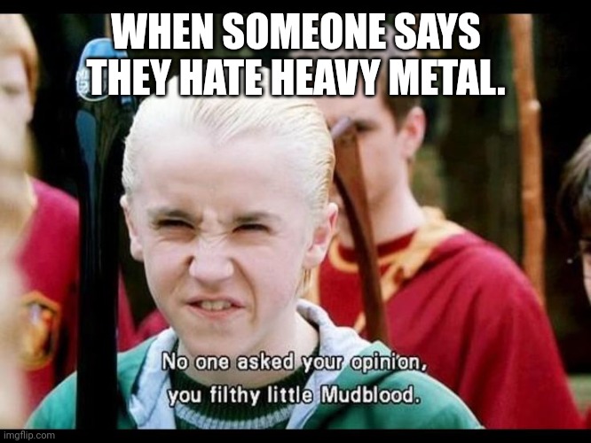 Draco Malfoy | WHEN SOMEONE SAYS THEY HATE HEAVY METAL. | image tagged in draco malfoy | made w/ Imgflip meme maker