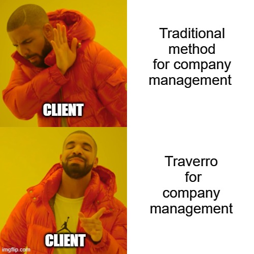 Meme for traverro | Traditional method for company management; CLIENT; Traverro  for company management; CLIENT | image tagged in memes,drake hotline bling | made w/ Imgflip meme maker
