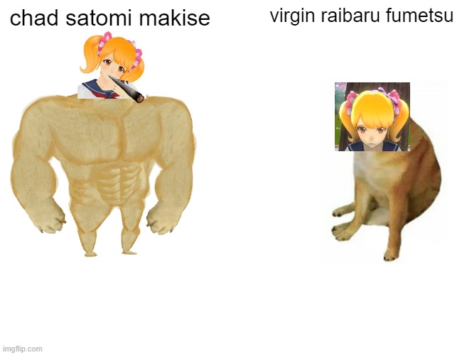 Buff Doge vs. Cheems Meme | chad satomi makise; virgin raibaru fumetsu | image tagged in memes,buff doge vs cheems | made w/ Imgflip meme maker