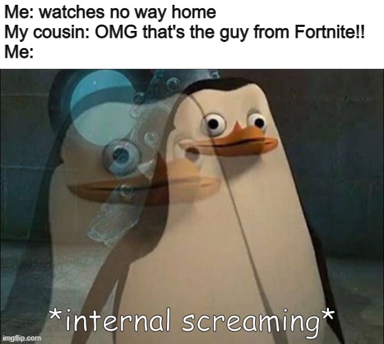 why....? |  Me: watches no way home
My cousin: OMG that's the guy from Fortnite!!
Me: | image tagged in private internal screaming,memes,funny,spiderman,fortnite,cousin | made w/ Imgflip meme maker