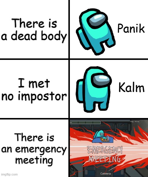 panik kalm panik | There is a dead body; I met no impostor; There is an emergency meeting | image tagged in panik kalm panik among us version | made w/ Imgflip meme maker