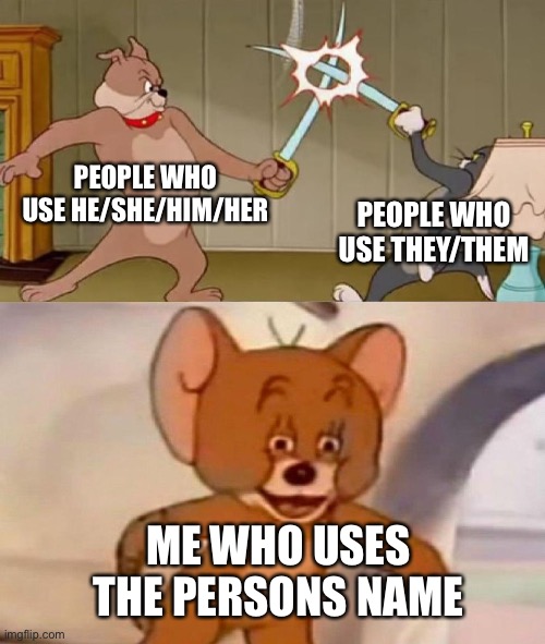Tom and Jerry swordfight | PEOPLE WHO USE HE/SHE/HIM/HER PEOPLE WHO USE THEY/THEM ME WHO USES THE PERSONS NAME | image tagged in tom and jerry swordfight | made w/ Imgflip meme maker