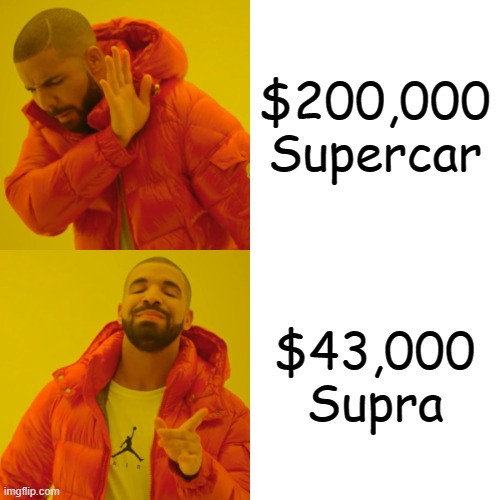 Drake Hotline Bling | $200,000 Supercar; $43,000 Supra | image tagged in memes,drake hotline bling | made w/ Imgflip meme maker