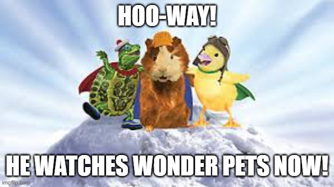 wonder pets  | HOO-WAY! HE WATCHES WONDER PETS NOW! | image tagged in wonder pets | made w/ Imgflip meme maker