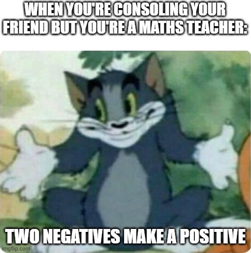 They ain't no therapist | WHEN YOU'RE CONSOLING YOUR FRIEND BUT YOU'RE A MATHS TEACHER:; TWO NEGATIVES MAKE A POSITIVE | image tagged in tom shrugging | made w/ Imgflip meme maker