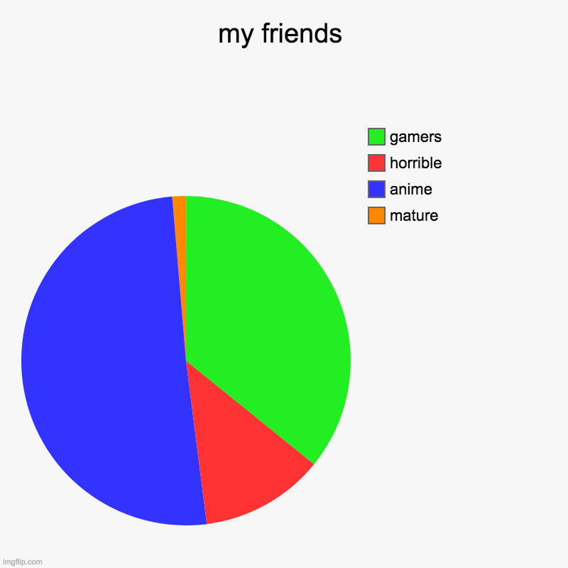 my friends | mature, anime, horrible, gamers | image tagged in charts,pie charts | made w/ Imgflip chart maker