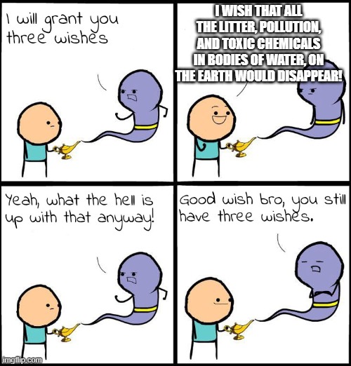3 Wishes | I WISH THAT ALL THE LITTER, POLLUTION, AND TOXIC CHEMICALS IN BODIES OF WATER, ON THE EARTH WOULD DISAPPEAR! | image tagged in 3 wishes | made w/ Imgflip meme maker
