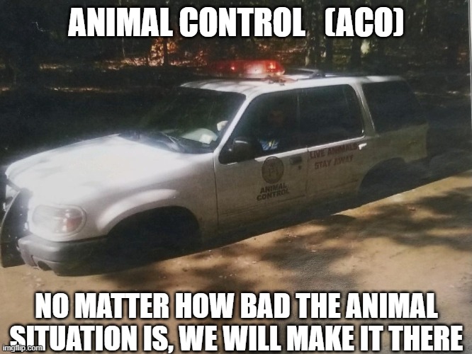 Animal Control | ANIMAL CONTROL   (ACO); NO MATTER HOW BAD THE ANIMAL SITUATION IS, WE WILL MAKE IT THERE | image tagged in aco,animal control,pets,first responders,animal lives matter,professional | made w/ Imgflip meme maker