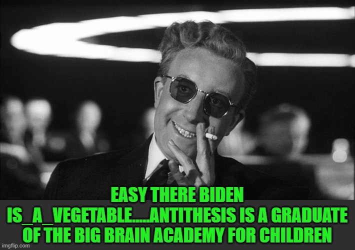 Doctor Strangelove says... | EASY THERE BIDEN IS_A_VEGETABLE.....ANTITHESIS IS A GRADUATE OF THE BIG BRAIN ACADEMY FOR CHILDREN | image tagged in doctor strangelove says | made w/ Imgflip meme maker