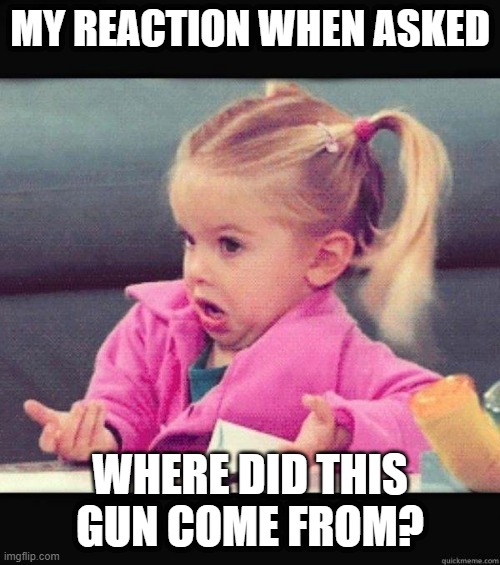 I dont know girl |  MY REACTION WHEN ASKED; WHERE DID THIS GUN COME FROM? | image tagged in i dont know girl | made w/ Imgflip meme maker