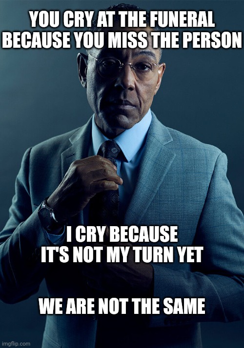Gus Fring we are not the same | YOU CRY AT THE FUNERAL BECAUSE YOU MISS THE PERSON; I CRY BECAUSE IT'S NOT MY TURN YET; WE ARE NOT THE SAME | image tagged in me irl,relatable,depression | made w/ Imgflip meme maker