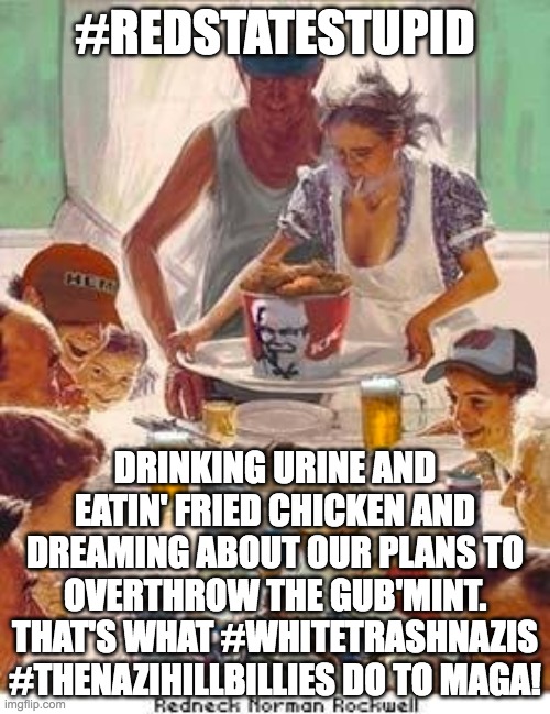 The Nazi Hillbillies | #REDSTATESTUPID; DRINKING URINE AND EATIN' FRIED CHICKEN AND DREAMING ABOUT OUR PLANS TO OVERTHROW THE GUB'MINT. THAT'S WHAT #WHITETRASHNAZIS #THENAZIHILLBILLIES DO TO MAGA! | image tagged in fried chicken,white trash,nazis | made w/ Imgflip meme maker