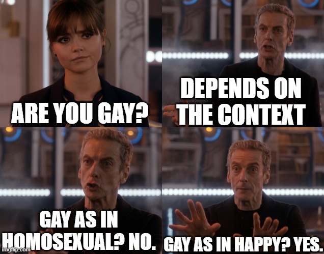 Depends on the context | ARE YOU GAY? DEPENDS ON THE CONTEXT GAY AS IN HAPPY? YES. GAY AS IN HOMOSEXUAL? NO. | image tagged in depends on the context | made w/ Imgflip meme maker