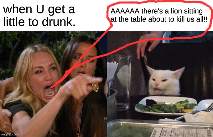 Woman Yelling At Cat Meme | when U get a little to drunk. AAAAAA there's a lion sitting at the table about to kill us all!! | image tagged in memes | made w/ Imgflip meme maker