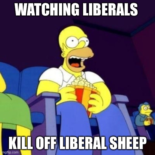 Homer eating popcorn | WATCHING LIBERALS KILL OFF LIBERAL SHEEP | image tagged in homer eating popcorn | made w/ Imgflip meme maker