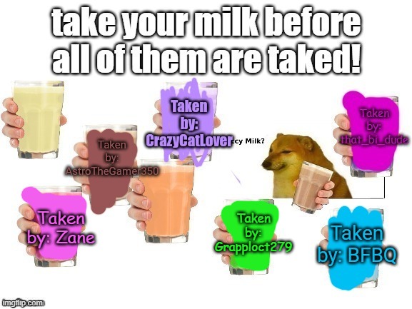 :0 | Taken by: Zane; Taken by: Grapploct279 | image tagged in choccy milk | made w/ Imgflip meme maker