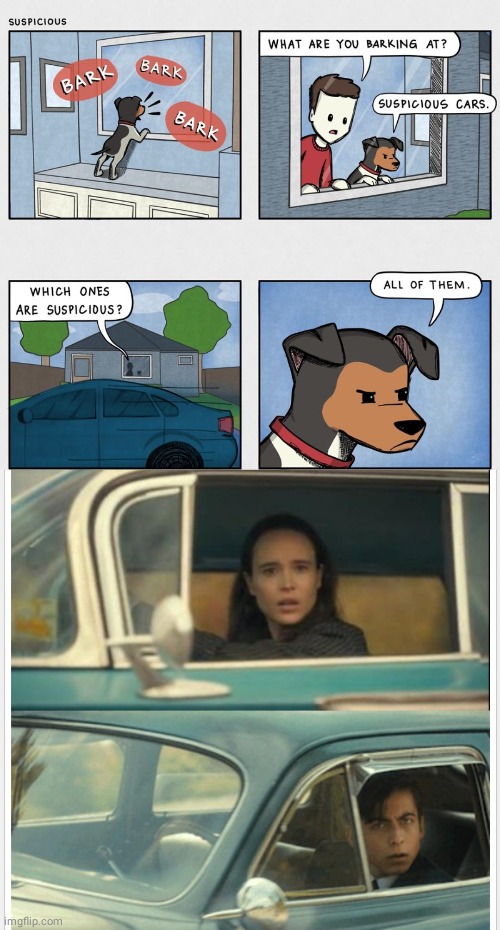 Suspicious | image tagged in umbrella-academy-passing-by,cars,dog,comics/cartoons,comics,memes | made w/ Imgflip meme maker