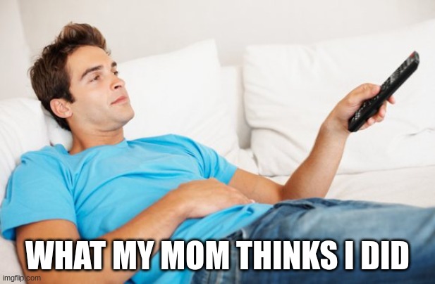 Young man watching TV | WHAT MY MOM THINKS I DID | image tagged in young man watching tv | made w/ Imgflip meme maker