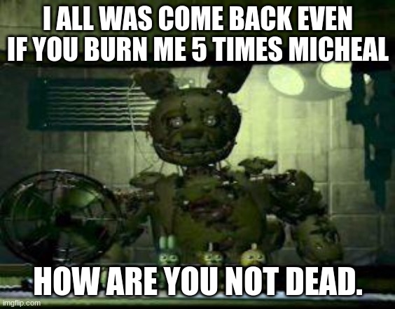 fools you well never kill the one the only springtrap | I ALL WAS COME BACK EVEN IF YOU BURN ME 5 TIMES MICHEAL HOW ARE YOU NOT DEAD. | image tagged in fnaf springtrap in window,i always come back micheal and henry | made w/ Imgflip meme maker
