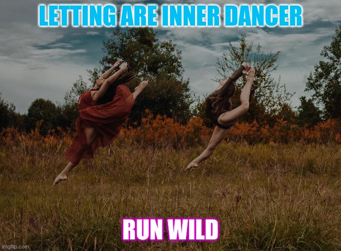 love leaping with my sister | LETTING ARE INNER DANCER; RUN WILD | image tagged in eodc | made w/ Imgflip meme maker