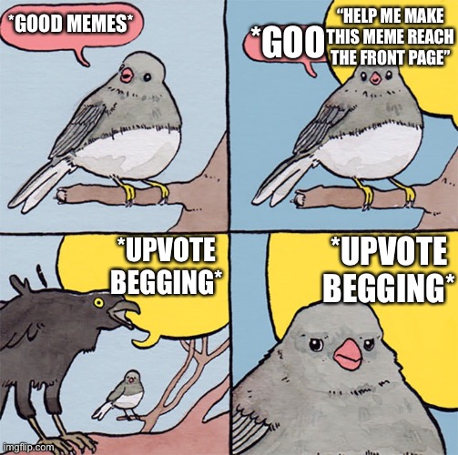 Seriously | *GOOD MEMES*; “HELP ME MAKE THIS MEME REACH THE FRONT PAGE”; *GOO; *UPVOTE BEGGING*; *UPVOTE BEGGING* | image tagged in interrupting bird | made w/ Imgflip meme maker