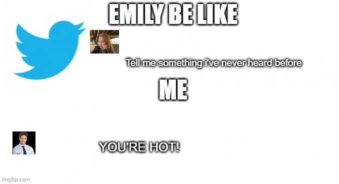 tweet_size_advice | EMILY BE LIKE; Tell me something i've never heard before; ME; YOU'RE HOT! | image tagged in tweet_size_advice | made w/ Imgflip meme maker
