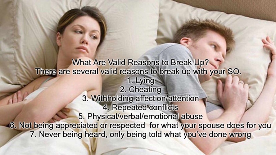 I Bet He's Thinking About Other Women Meme | What Are Valid Reasons to Break Up?

There are several valid reasons to break up with your SO.  

1. Lying

2. Cheating

3. Withholding affection/attention

4. Repeated conflicts

5. Physical/verbal/emotional abuse

6. Not being appreciated or respected  for what your spouse does for you

7. Never being heard, only being told what you’ve done wrong | image tagged in memes,i bet he's thinking about other women | made w/ Imgflip meme maker