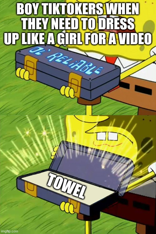 i don't know how to decribe this. hope you understand what i mean | BOY TIKTOKERS WHEN THEY NEED TO DRESS UP LIKE A GIRL FOR A VIDEO; TOWEL | image tagged in ol' reliable | made w/ Imgflip meme maker