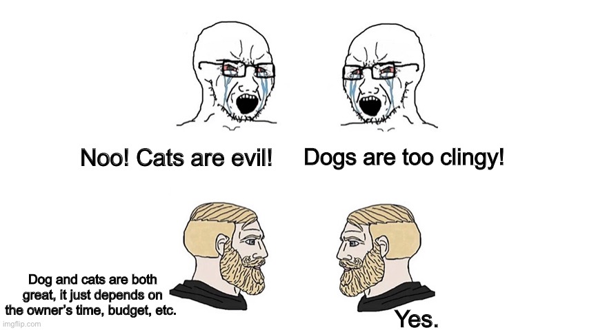 All pets are great. (Yes.) | Dogs are too clingy! Noo! Cats are evil! Dog and cats are both great, it just depends on the owner’s time, budget, etc. Yes. | image tagged in crying soyboys vs chads,cats,dogs | made w/ Imgflip meme maker