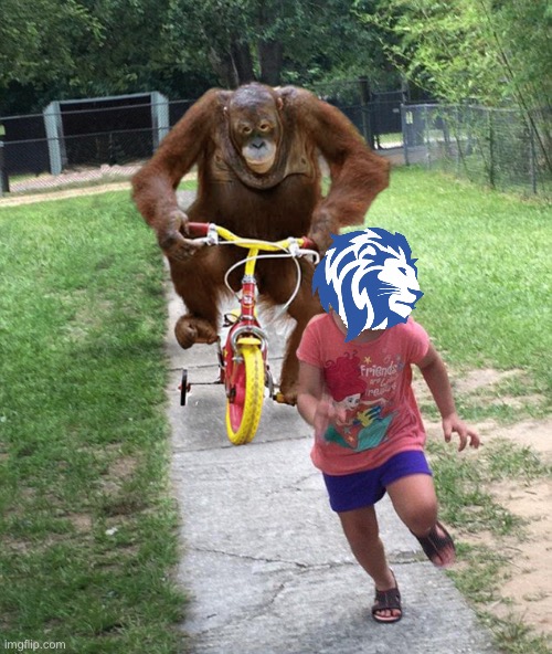 Orangutan chasing girl on a tricycle | image tagged in orangutan chasing girl on a tricycle | made w/ Imgflip meme maker