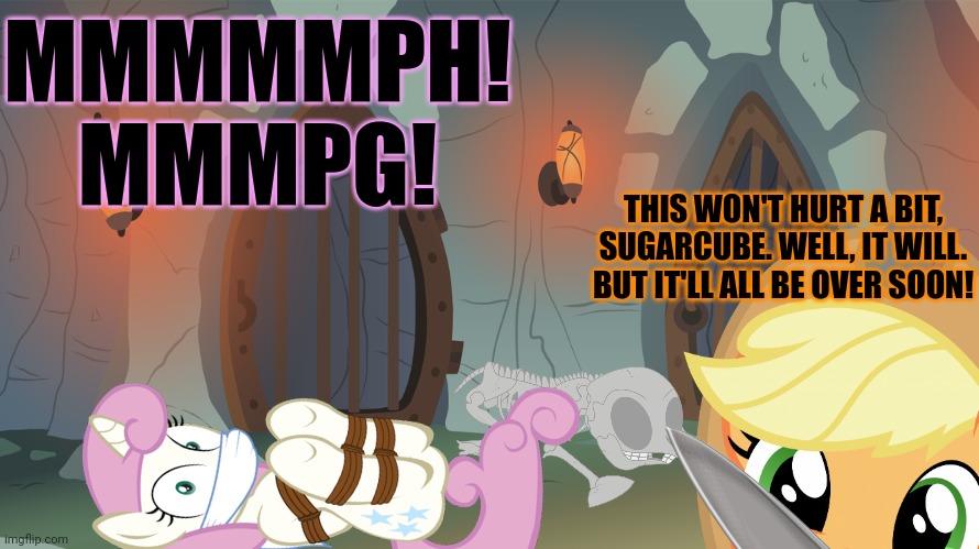 Applejack's dungeon | MMMMMPH! MMMPG! THIS WON'T HURT A BIT, SUGARCUBE. WELL, IT WILL. BUT IT'LL ALL BE OVER SOON! | image tagged in applejack,dungeon,basement,torture,mlp | made w/ Imgflip meme maker