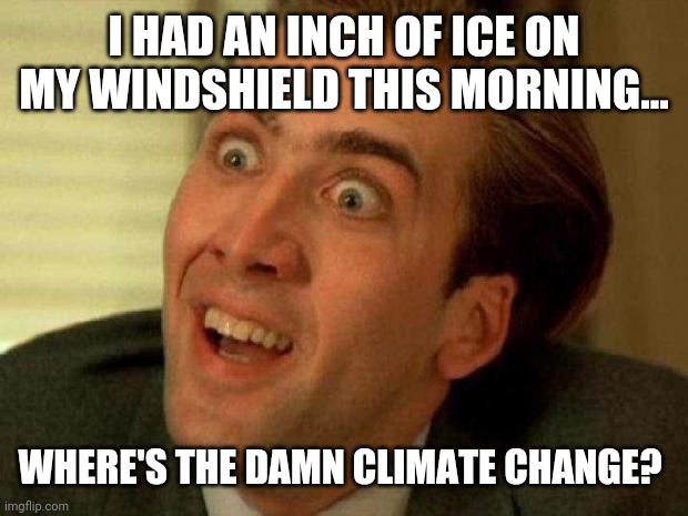 Cold cold day in Denver today. | I HAD AN INCH OF ICE ON MY WINDSHIELD THIS MORNING... WHERE'S THE DAMN CLIMATE CHANGE? | image tagged in nicolas cage | made w/ Imgflip meme maker