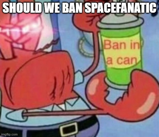 Ban in a can | SHOULD WE BAN SPACEFANATIC | image tagged in ban in a can | made w/ Imgflip meme maker