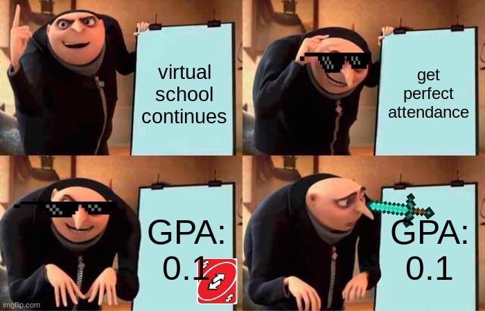 Gru's Plan Meme | virtual school continues; get perfect attendance; GPA: 0.1; GPA: 0.1 | image tagged in memes,gru's plan | made w/ Imgflip meme maker