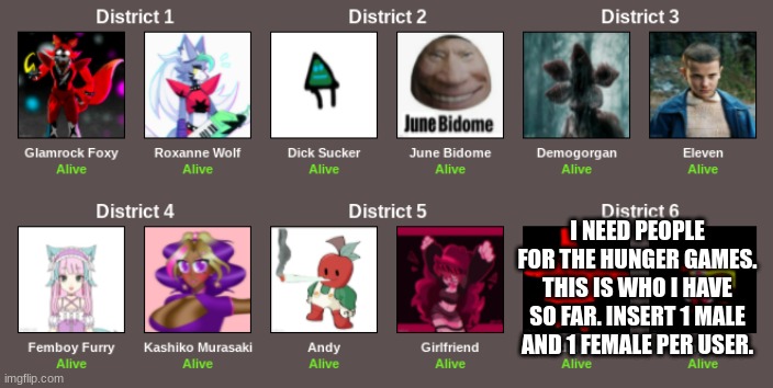 District 6 characters were in the last hunger games. | I NEED PEOPLE FOR THE HUNGER GAMES. THIS IS WHO I HAVE SO FAR. INSERT 1 MALE AND 1 FEMALE PER USER. | image tagged in hunger games | made w/ Imgflip meme maker