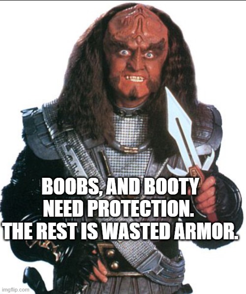 Klingon Warrior | BOOBS, AND BOOTY NEED PROTECTION.  THE REST IS WASTED ARMOR. | image tagged in klingon warrior | made w/ Imgflip meme maker