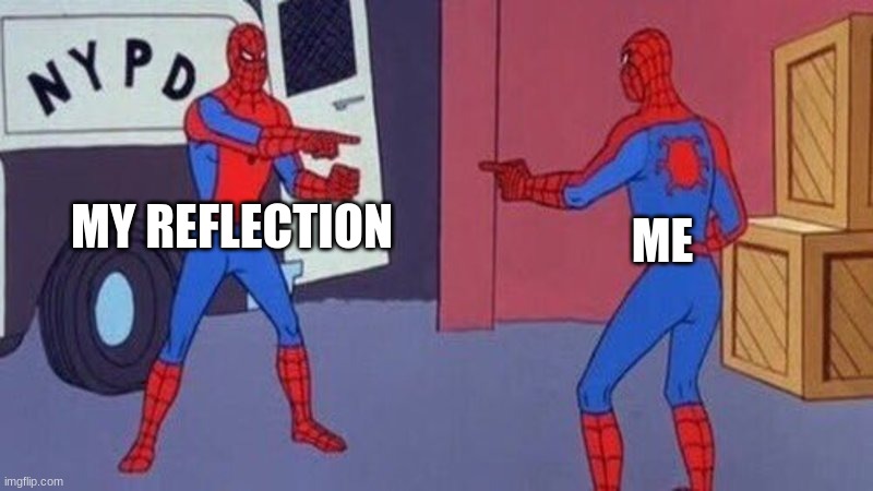 stop pointing at me! | MY REFLECTION; ME | image tagged in spiderman pointing at spiderman,reflection | made w/ Imgflip meme maker