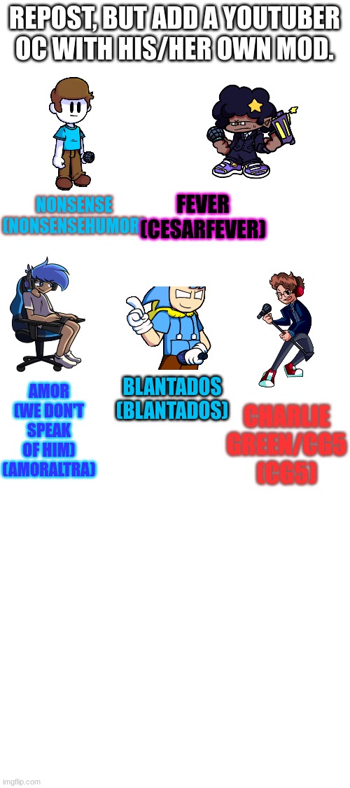 yes | REPOST, BUT ADD A YOUTUBER OC WITH HIS/HER OWN MOD. FEVER
(CESARFEVER); NONSENSE
(NONSENSEHUMOR); AMOR (WE DON'T SPEAK OF HIM)
(AMORALTRA); BLANTADOS
(BLANTADOS); CHARLIE GREEN/CG5
(CG5) | image tagged in blank white template,repost | made w/ Imgflip meme maker
