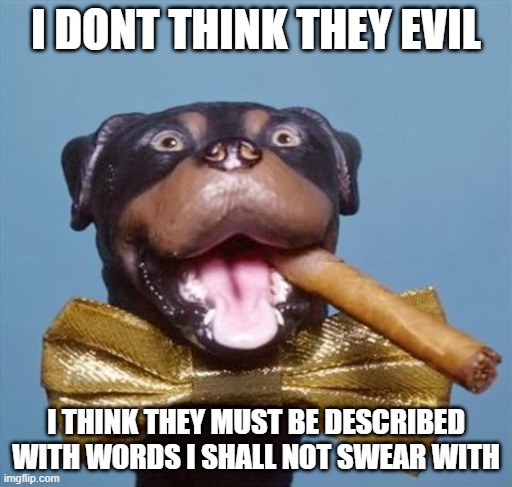 Triumph the Insult Comic Dog | I DONT THINK THEY EVIL I THINK THEY MUST BE DESCRIBED WITH WORDS I SHALL NOT SWEAR WITH | image tagged in triumph the insult comic dog | made w/ Imgflip meme maker