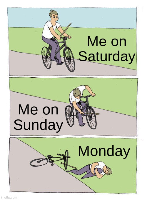 school o-o | Me on Saturday; Me on Sunday; Monday | image tagged in memes,bike fall | made w/ Imgflip meme maker