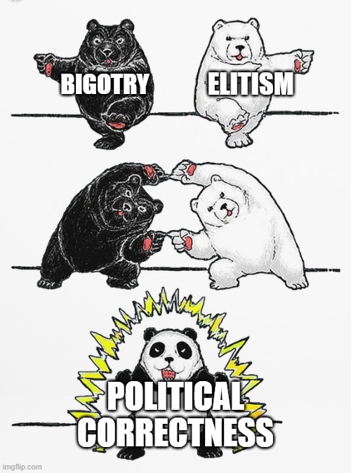 Panda Fusion | BIGOTRY; ELITISM; POLITICAL CORRECTNESS | image tagged in panda fusion | made w/ Imgflip meme maker