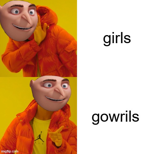 Drake Hotline Bling | girls; gowrils | image tagged in memes,drake hotline bling,gru,stop reading the tags,im warning you,you have been eternally cursed for reading the tags | made w/ Imgflip meme maker