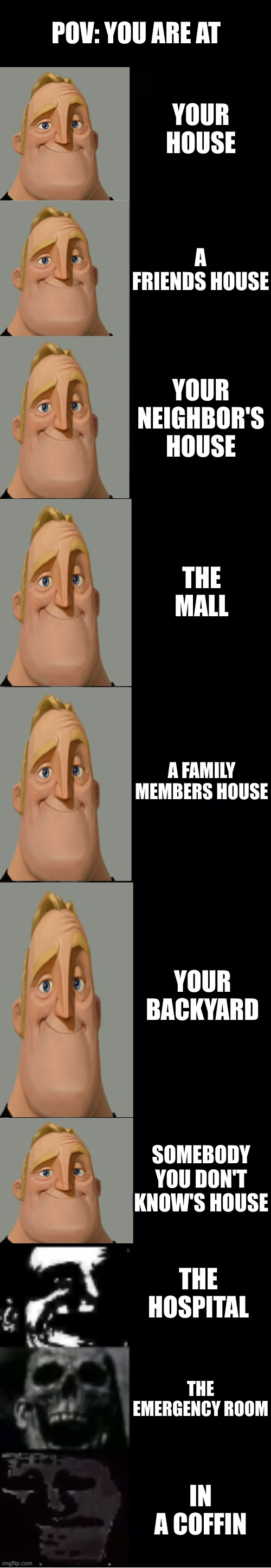 Where are you? |  POV: YOU ARE AT; YOUR HOUSE; A FRIENDS HOUSE; YOUR NEIGHBOR'S HOUSE; THE MALL; A FAMILY MEMBERS HOUSE; YOUR BACKYARD; SOMEBODY YOU DON'T KNOW'S HOUSE; THE HOSPITAL; THE EMERGENCY ROOM; IN A COFFIN | image tagged in mr incredible becoming uncanny | made w/ Imgflip meme maker