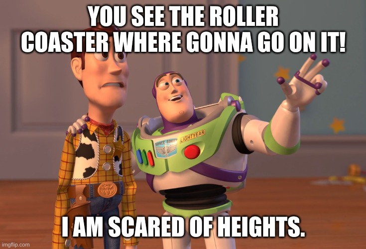 X, X Everywhere Meme |  YOU SEE THE ROLLER COASTER WHERE GONNA GO ON IT! I AM SCARED OF HEIGHTS. | image tagged in memes,x x everywhere | made w/ Imgflip meme maker