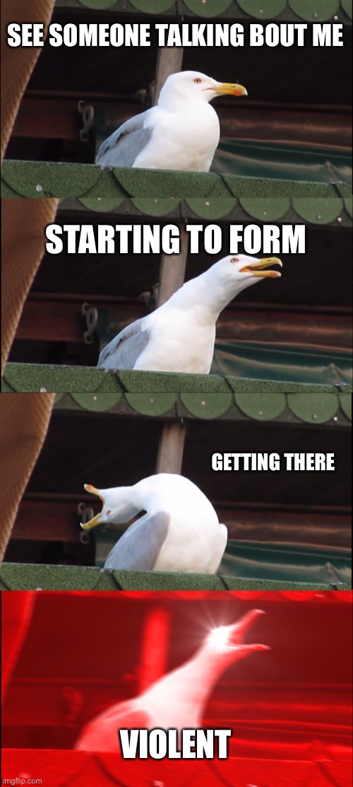 Inhaling Seagull | SEE SOMEONE TALKING BOUT ME; STARTING TO FORM; GETTING THERE; VIOLENT | image tagged in memes,inhaling seagull | made w/ Imgflip meme maker