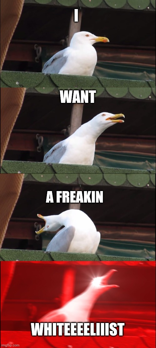 NFT whitelist grinder be like | I; WANT; A FREAKIN; WHITEEEELIIIST | image tagged in memes,inhaling seagull | made w/ Imgflip meme maker